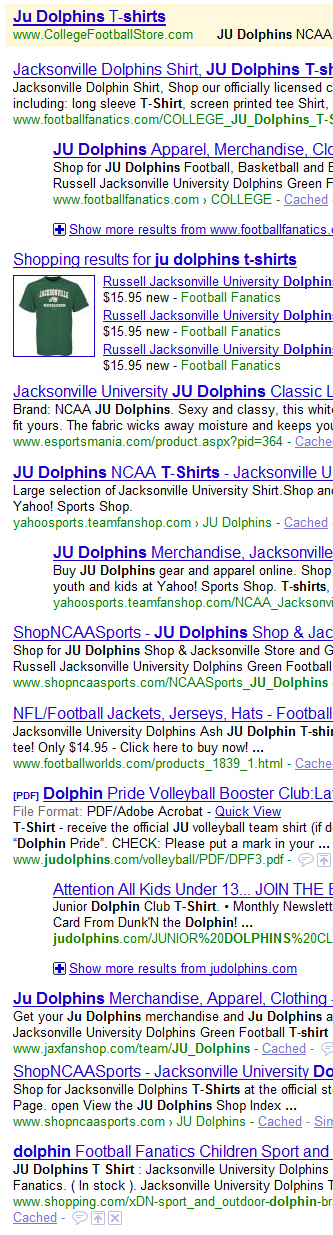 Football Fanatics dominates the search results for the JU Dolphins T-Shirt keyword phrase